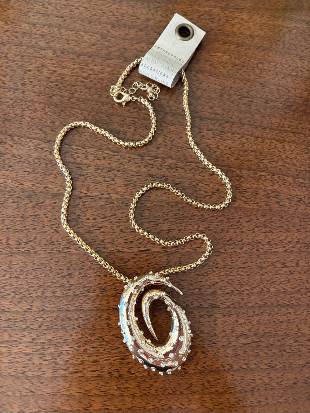 Anthropologie Gold Spiral Pendant Necklace with Clear Crystals
